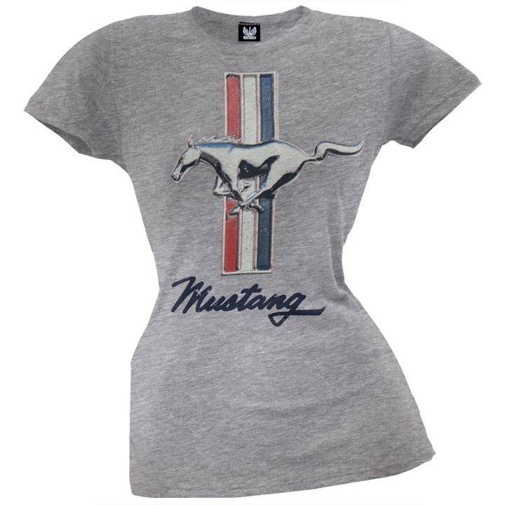 Official Store - Wholesale Screen Printed T-Shirt - Women's - Ford - Vintage Mustang Logo Grey Women's Juniors T Shirt