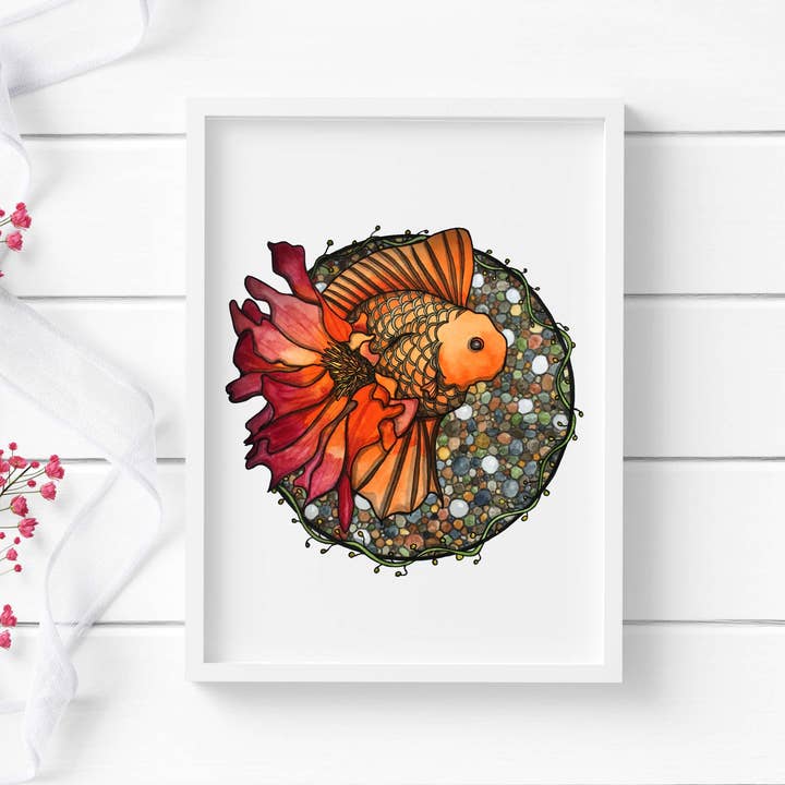 Aquarellmalerei „Blühender Goldfisch“: Kunstdruck für den Großhandel von PinkPolish Design