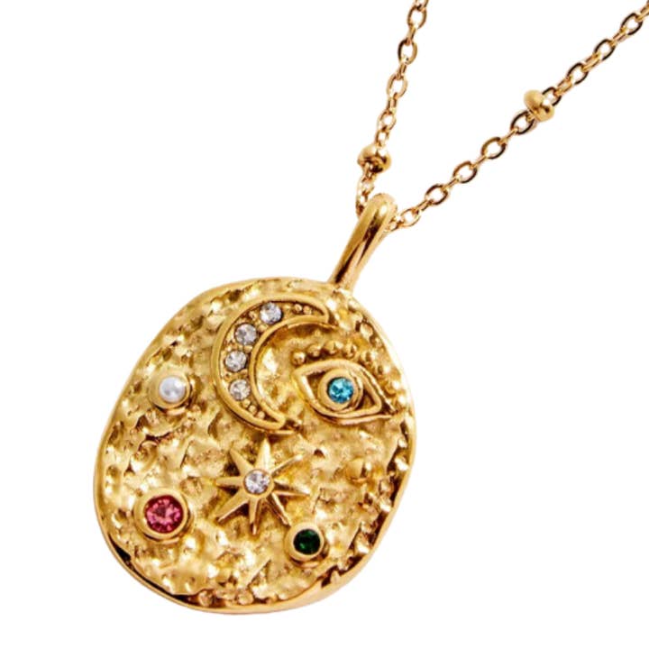 HoopLa - Wholesale Pendant/Charm Necklace - Confetti Coin- Evil Eye- Moon and Stars- Stainless Steel 14K