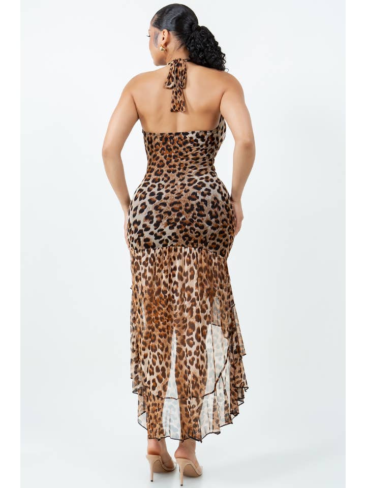 BROWN D14100 ANIMAL MESH PRINT HALTER DRESS WITH LINING for wholesale on Faire
