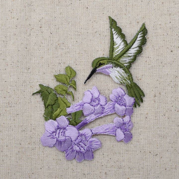 Large - Purple Hummingbird - Lavender Flowers - Iron on Applique - Embroidered Patch - 694553-AL for wholesale by Wholesale Applique