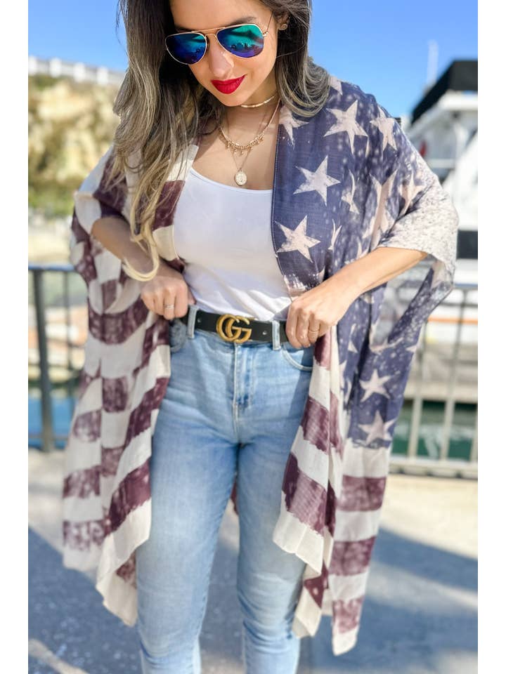 Vintage American Flag Printed Kimono Cover Up for wholesale on Faire