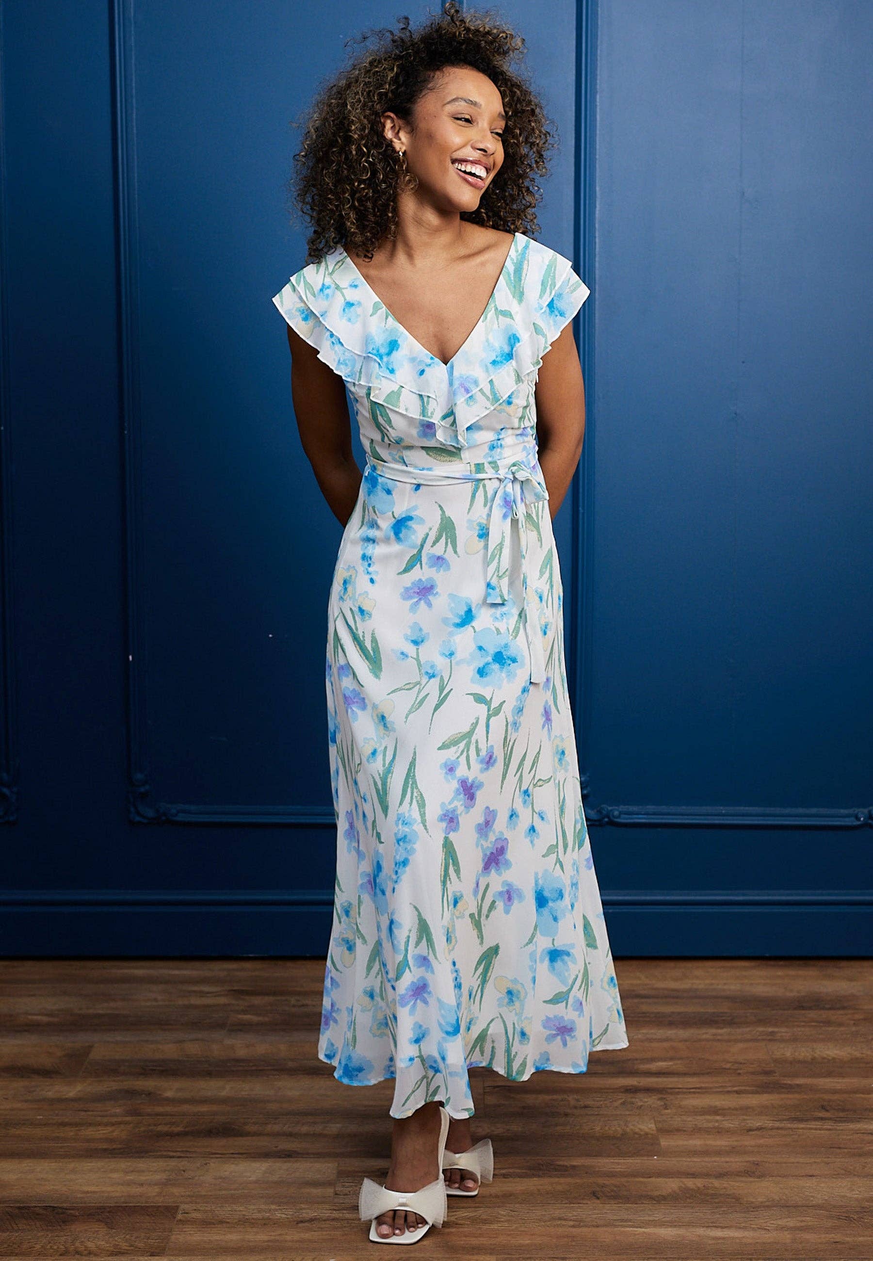ANGELEYE - Wholesale Dress - Women's - Flutter Sleeve Maxi Dress with Tie Belt in White Blue Floral1