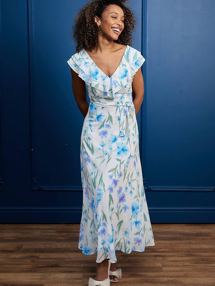 ANGELEYE - Wholesale Dress - Women's - Flutter Sleeve Maxi Dress with Tie Belt in White Blue Floral1