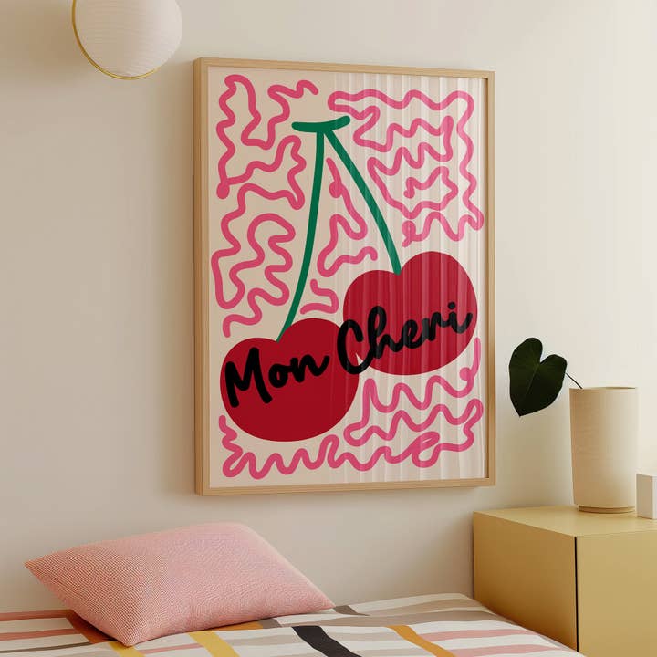 Mon Chéri Cherry Wall Art Print – Retro Kitchen Poster for wholesale by Pink Giraffe Print Co