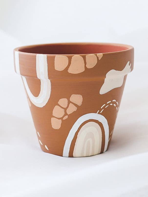 Hand Painted Terracotta Pot, Latte Brown Boho Abstract for wholesale by Aloe Painted Pots