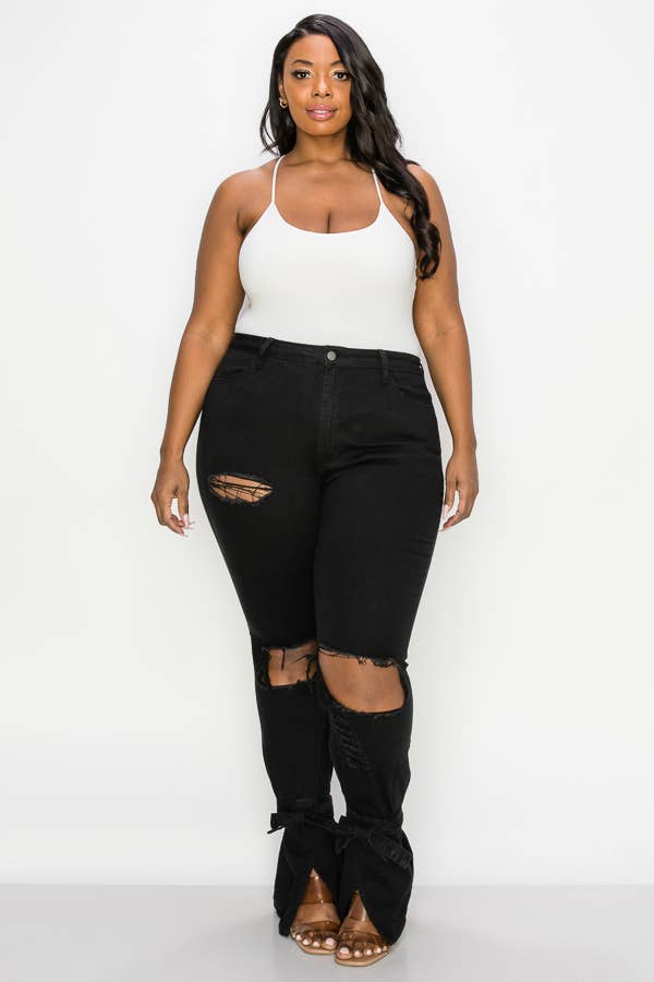 The Map Jeans - Vente Jean – femme - Jean évasé noir pour femme 8402P avec lien à nouer en bas