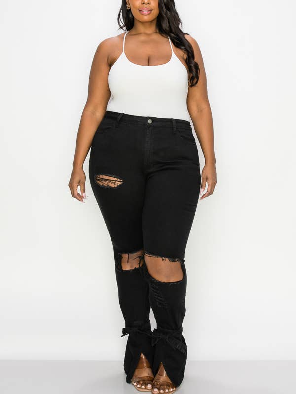 The Map Jeans - Vente Jean – femme - Jean évasé noir pour femme 8402P avec lien à nouer en bas0