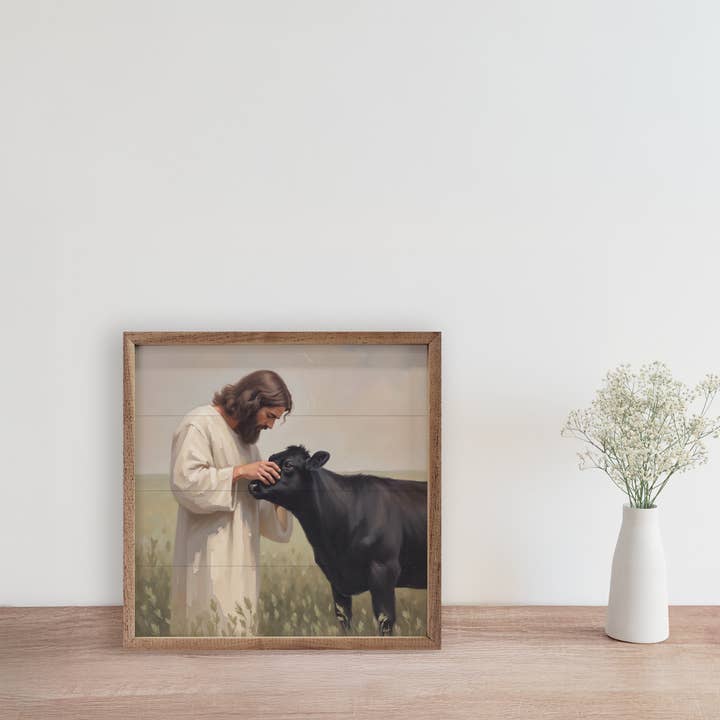 Kendrick Home - Wholesale Wood Wall Art - Jesus And The Little Angus Cow1