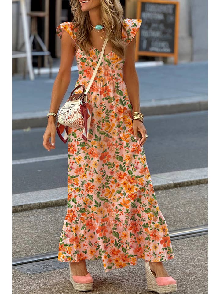 Little Daisy Closet - Wholesale Dress - Women's - LDC Floral V Neck Smocked High Waist Ruffle Hem Long Dress