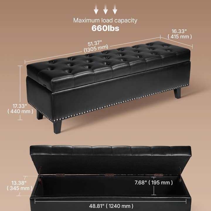 Button-Tufted Storage Ottoman Bench, PU Leather Bench with Storage and Solid Wood Legs, Modern Shoe Benches Seat for Entryway, Upholstered End of Bed Benches for Living Room, Dining Room, Black for wholesale by American Smart