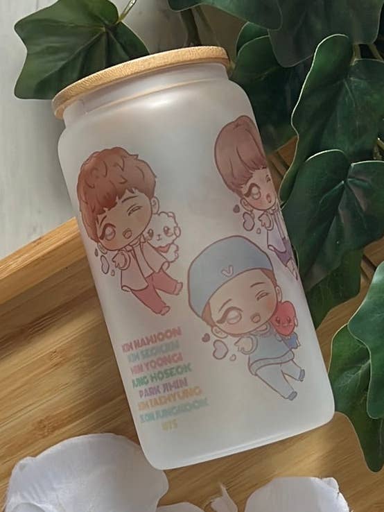 BTS Dynamite 16oz Frosted Glass Tumbler with Glass Straw for wholesale by Peony Lee Art