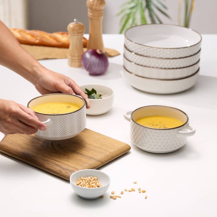 Kook - Wholesale Bowl - Kook Ceramic Pasta Bowls, 40 oz, Set of 4, Cream/Copper
