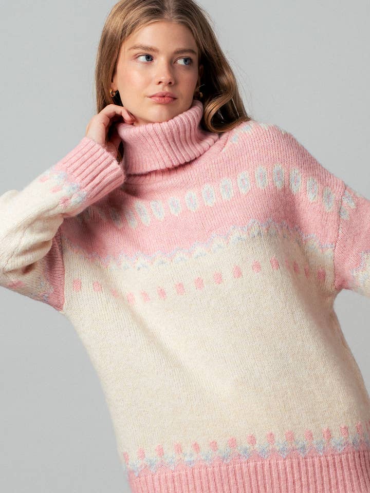 Urban Daizy - Wholesale Knit Sweater - Women's - Relaxed Fit Fair Isle Turtleneck Sweater1