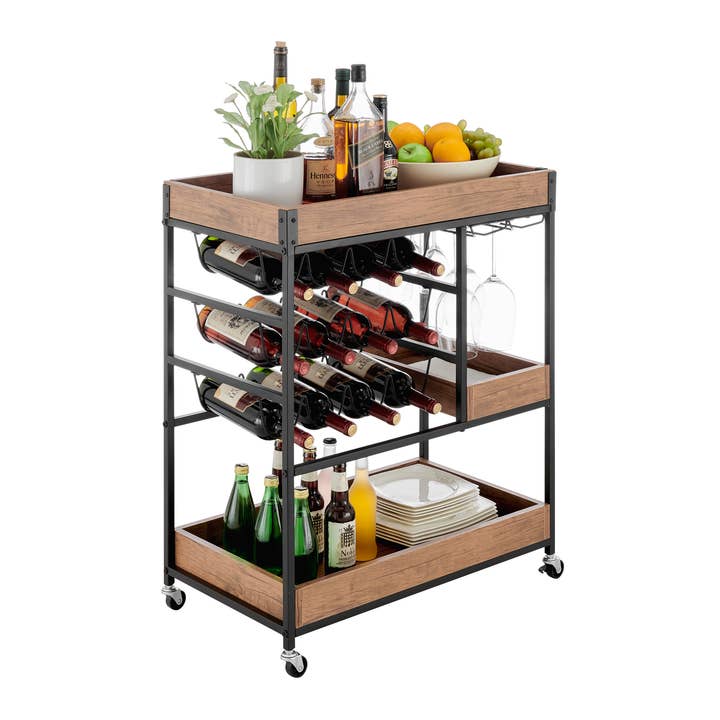Danya B – wholesale Bar trolley – Walnut Veneer Metal Rolling Wine Bar Cart with Storage Rack