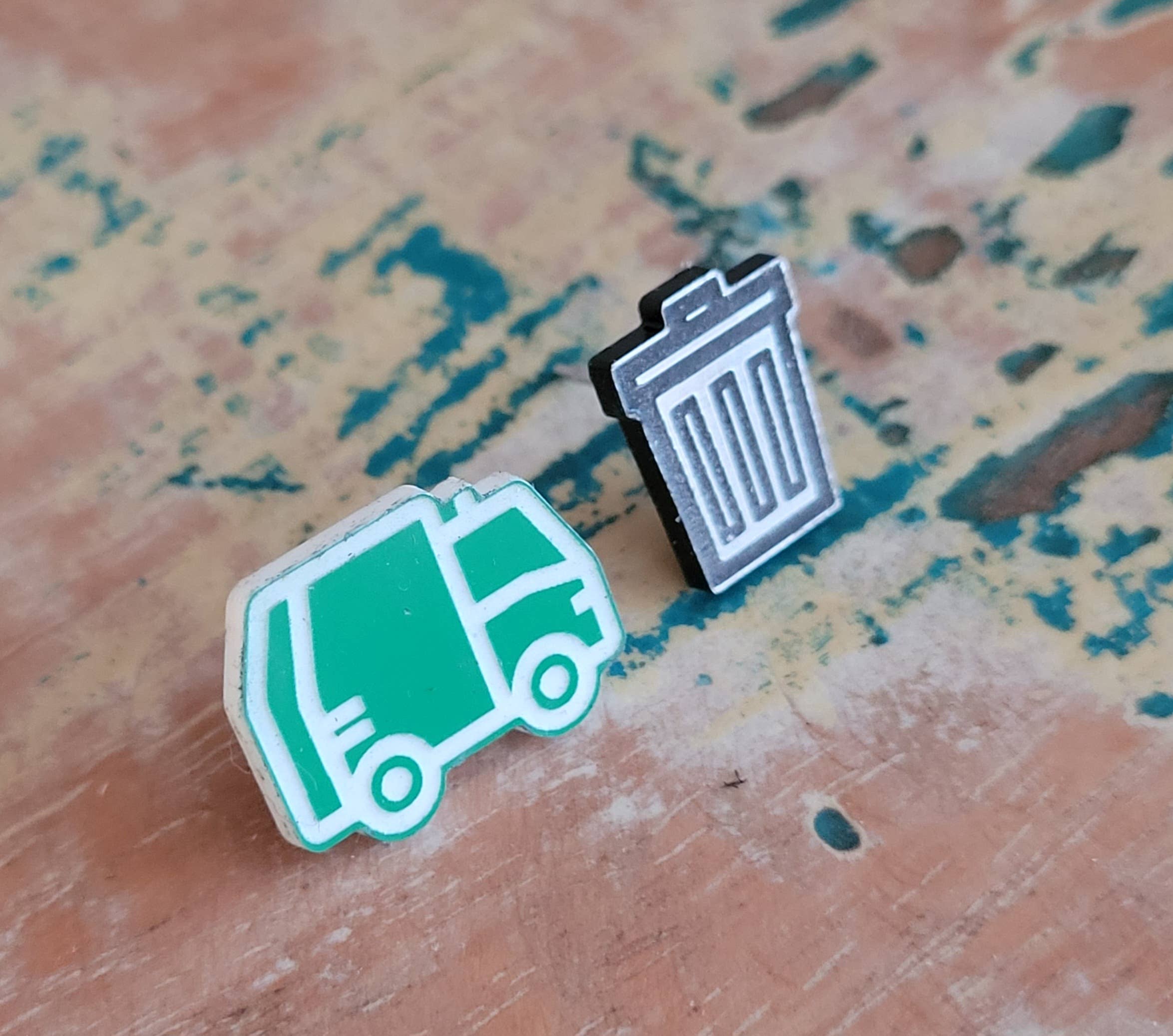 Samantha's Studio - Wholesale Stud/post earrings - Garbage Truck and Bin stud earrings, trash bin0