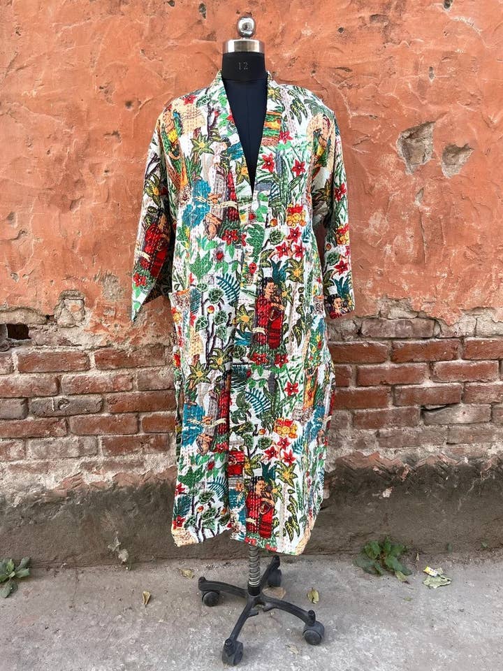 Quilted Kantha Kimono 100% Cotton Floral Block Printed Long for wholesale by bhavnas boutique