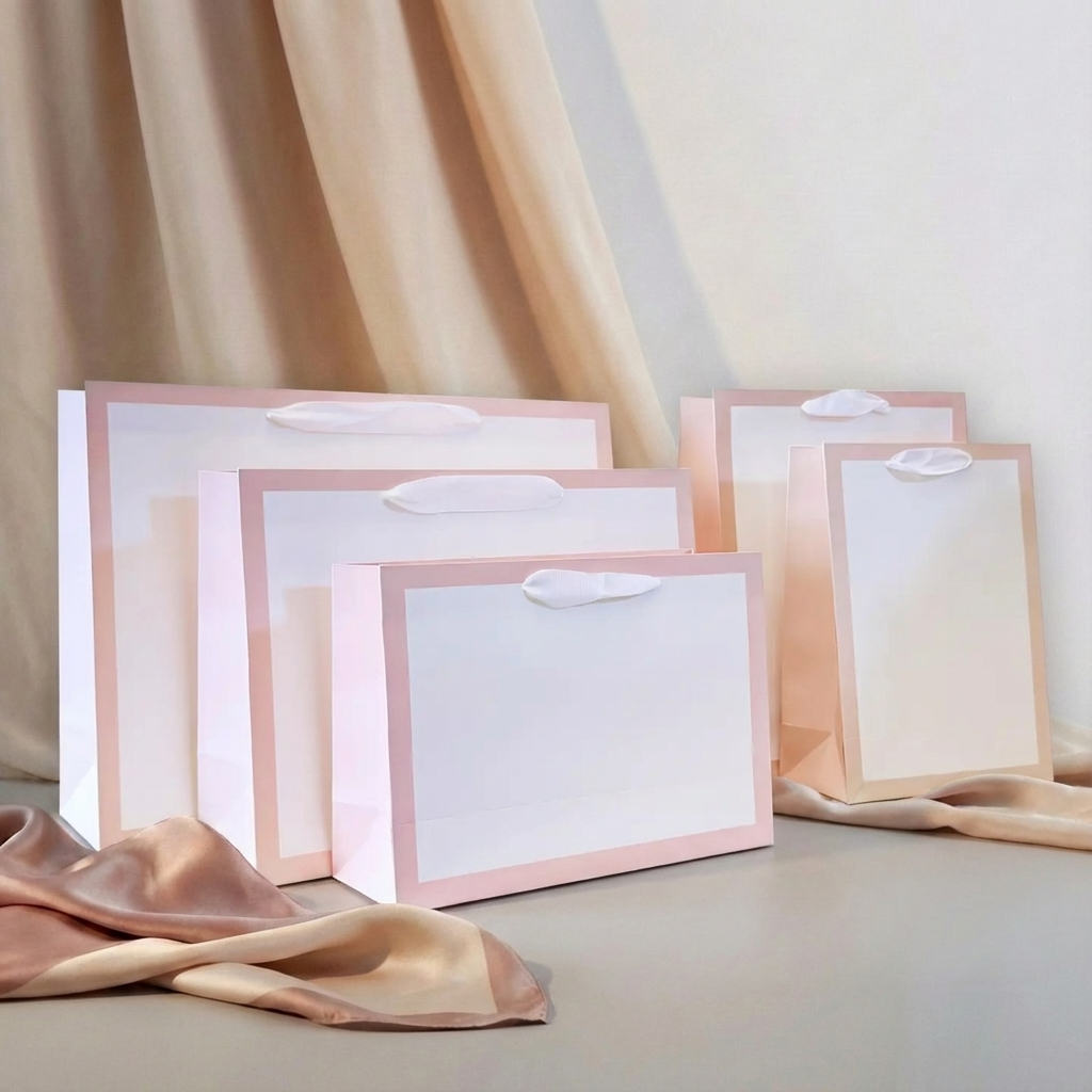 ByHome - Vendita all'ingrosso Buste regalo - 24 pezzi, Borsa regalo bianca con soffietto e bordo rosa pastello con carta velina7