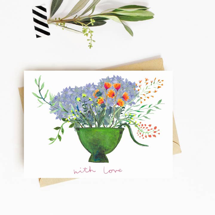 With love green vase card for wholesale by Angela Savage Illustration