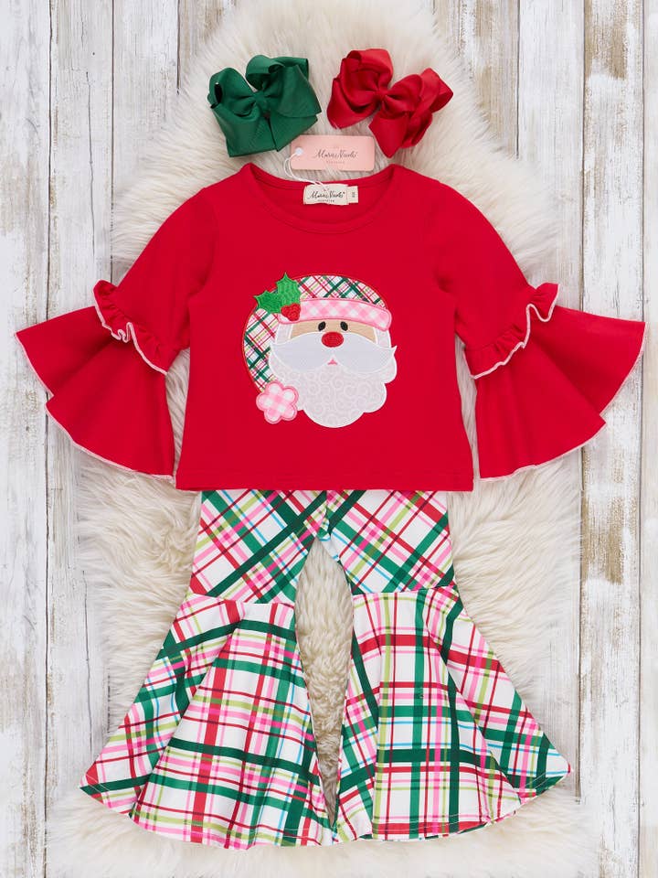 Pink & Red Santa Plaid Ruffle Bell Bottoms Outfit for wholesale by Marie Nicole Clothing