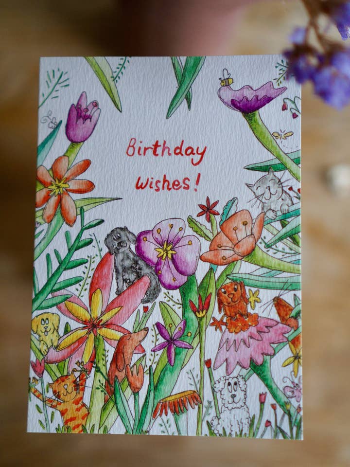 Happy birthday card - dogs in the flowers for wholesale by Bowlt Studios