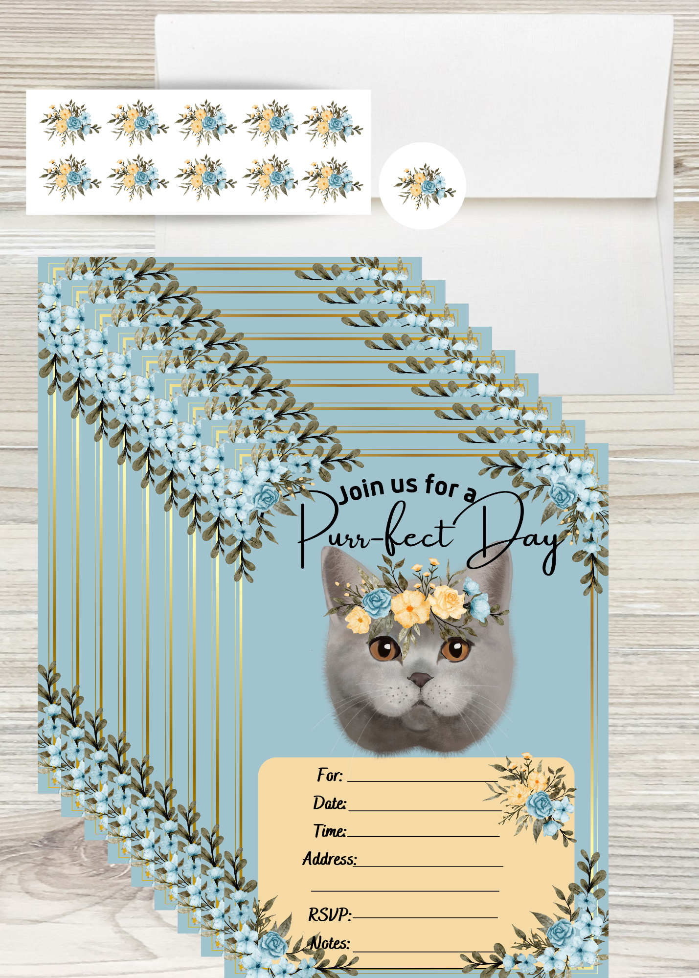 LM Studioz - Wholesale Invitations - Floral Cat Party Invitations comes with Envelopes + Stickers1