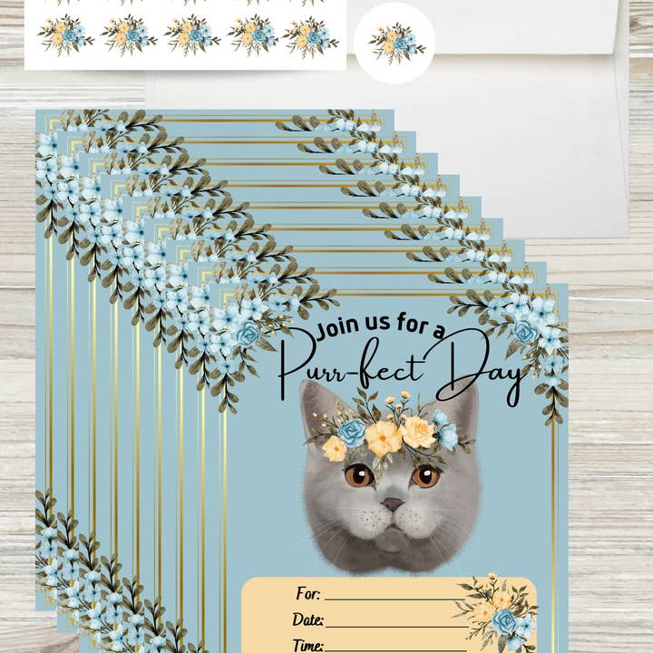 LM Studioz - Wholesale Invitations - Floral Cat Party Invitations comes with Envelopes + Stickers1