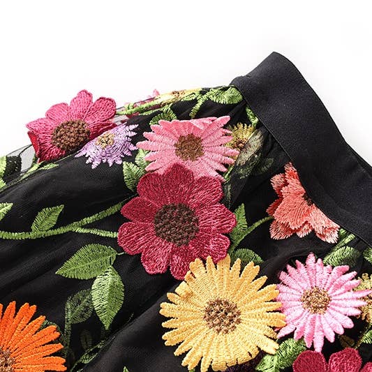 Black SK016 Fresh Daisy & Sunflower Lace High Waist Skirt for wholesale on Faire4