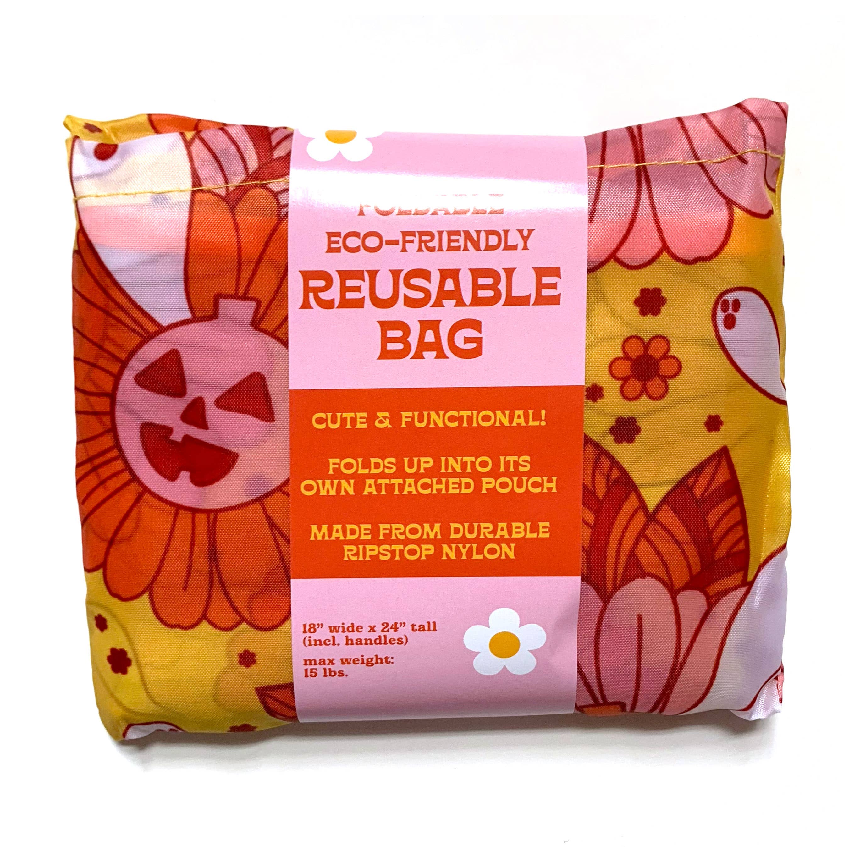 Krystan Saint Cat - Wholesale Grocery/Shopping Bag - Spooky Retro Ghost Floral Fold-Up Reusable Grocery Bag4