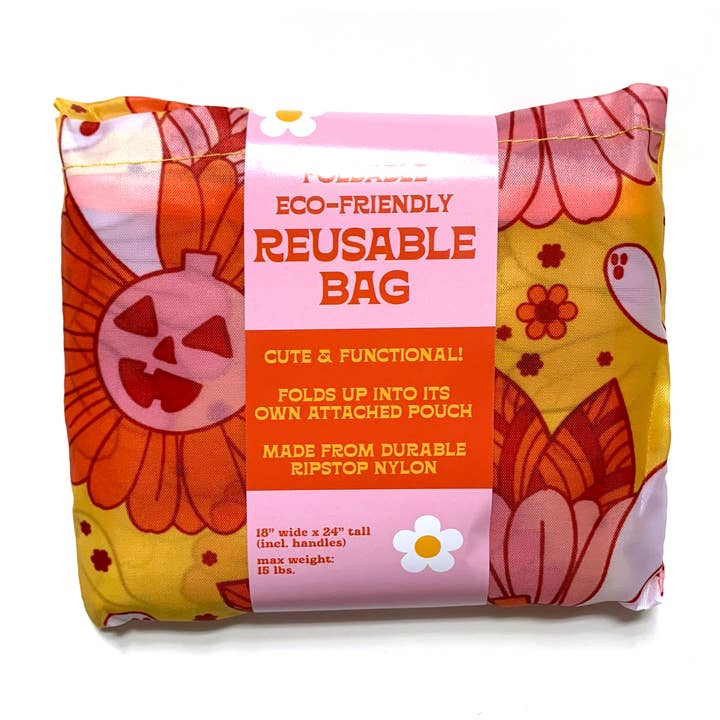 Krystan Saint Cat - Wholesale Grocery/Shopping Bag - Spooky Retro Ghost Floral Fold-Up Reusable Grocery Bag4