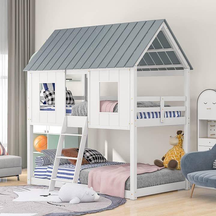 Twin House Bunk Bed With Playhouse White And Gray Finish for wholesale on Faire1