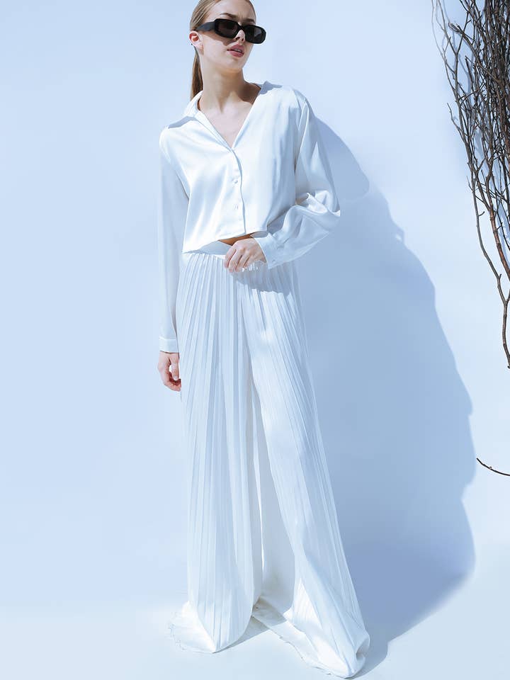 Satin Crop Top & Pleated Long Pants Set MC6695 for wholesale by Beulah Style