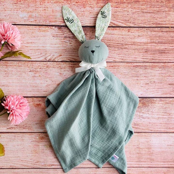Muslin Baby comforter Bunny lovey - Sage green for wholesale by Pastel Baby