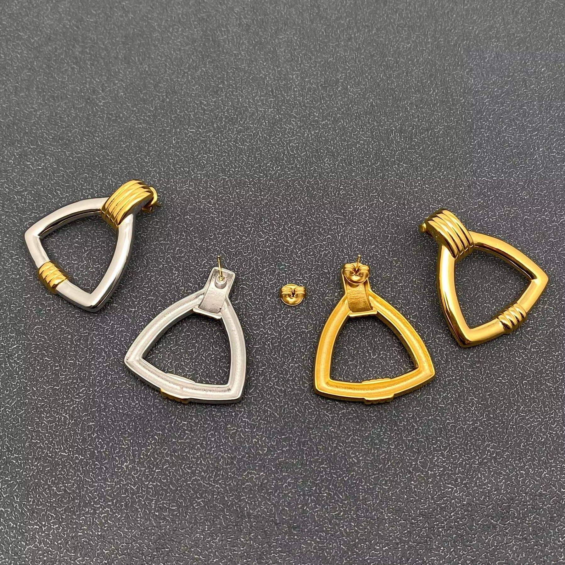 Mio Queena - Wholesale Stud/Post Earrings - Two Tone 18K Gold Plated SS Triangle Post Earrings - FGS3