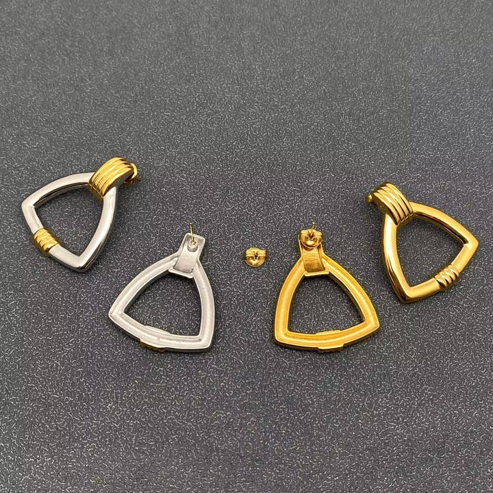 Mio Queena - Wholesale Stud/Post Earrings - Two Tone 18K Gold Plated SS Triangle Post Earrings - FGS3