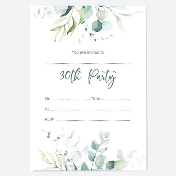 30th Birthday Invitations - Eucalyptus Bouquet - Pack of 10 for wholesale by Dotty About Paper