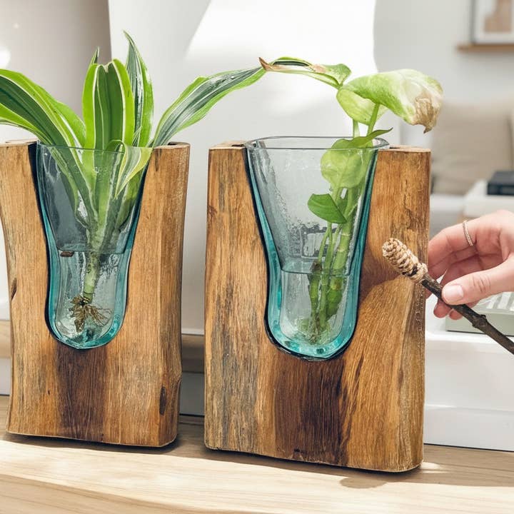 HandBlown Glass Vase on Natural Teak Wood. Floral Home Decor for wholesale by Handicraft Heaven