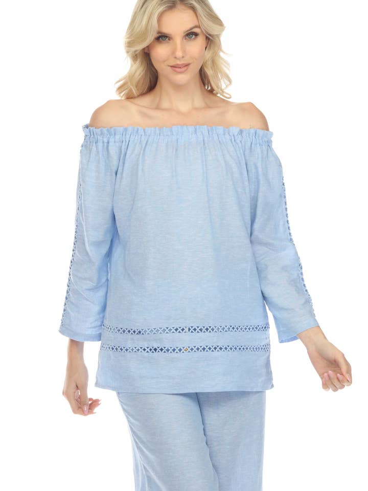 Women's Casual Resort Wear Off-Shoulder Cut Out Trim Long Sleeve Linen Blend Tunic Top for wholesale by MOJITO COLLECTION