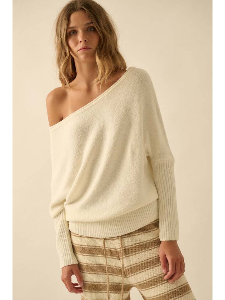 Promesa USA - Wholesale Knit Sweater - Women's - Textured Knit One-Shoulder Boatneck Dolman Sweater