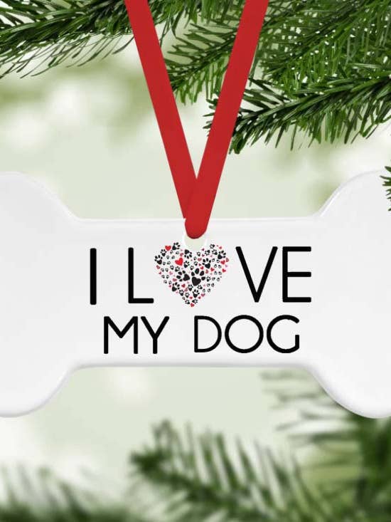 I love my dog - Christmas Ornament Bone for wholesale by philoSophie's Stationery & Gifts