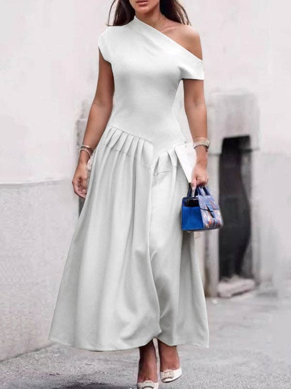 Sheer Trend - Wholesale Dress - Women's - Short Sleeves Asymmetric Pleated Solid Color One-Shoulder Midi Dresses1