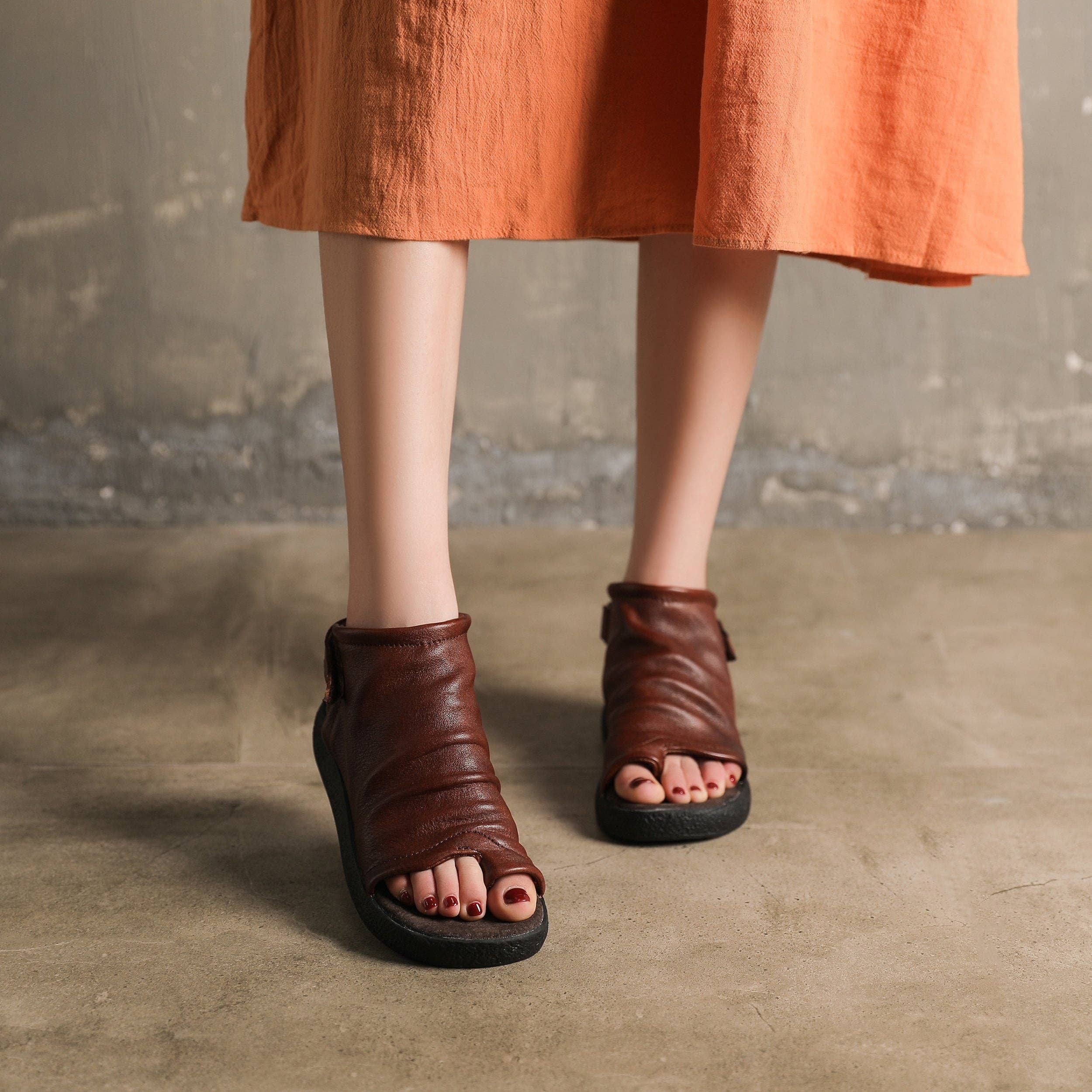 DWARVES - Wholesale Sandals - Women's - Sandals Boots Soft Cowhide Leather Plantform Summer Boots Open Peep Toe Post Wrap Ankle Sandals Flatforms Black/Coffee/Brown6