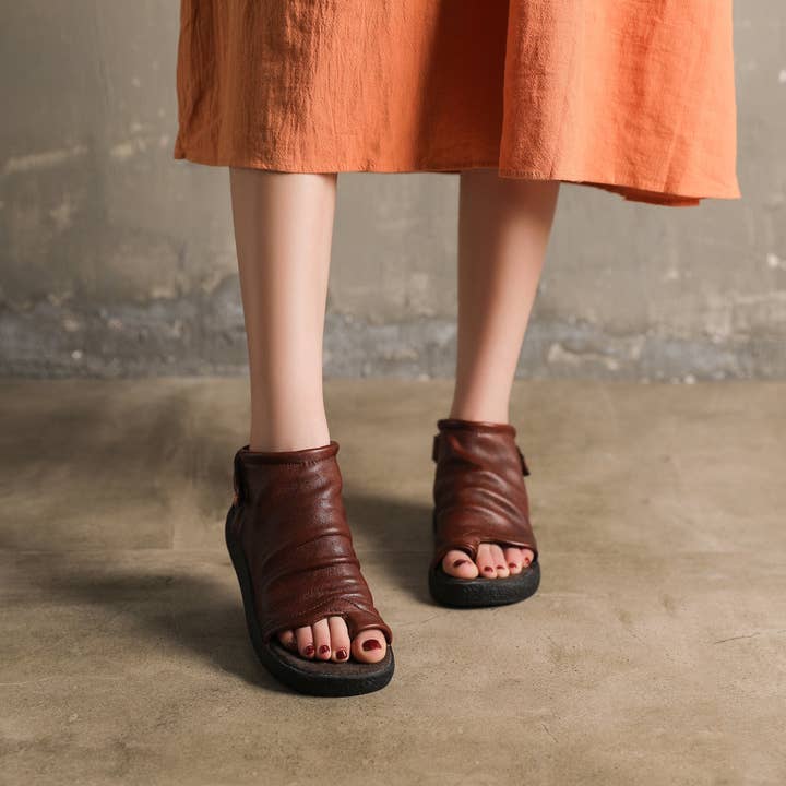 DWARVES - Wholesale Sandals - Women's - Sandals Boots Soft Cowhide Leather Plantform Summer Boots Open Peep Toe Post Wrap Ankle Sandals Flatforms Black/Coffee/Brown6