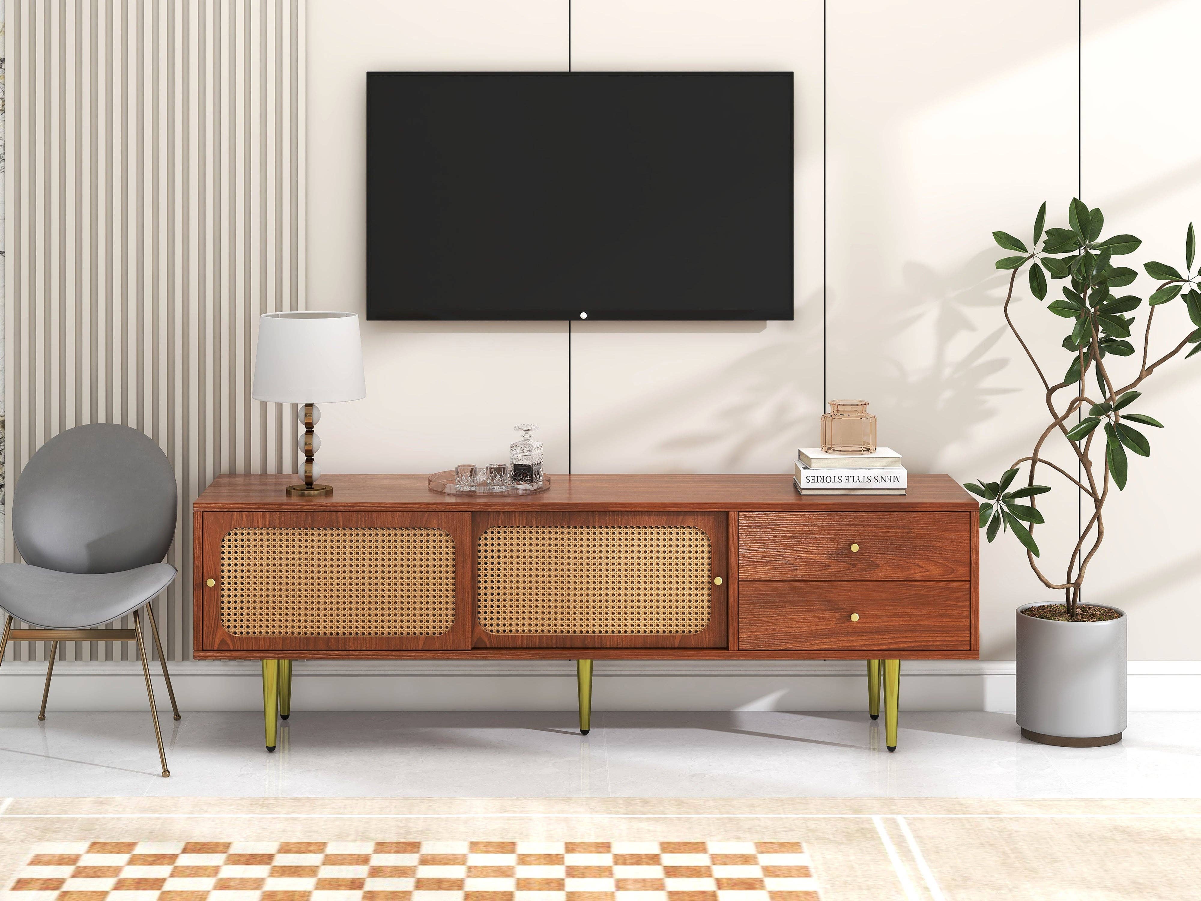 Urban Meuble - Wholesale Console Table - Dark wood effect rattan TV stand with 2 sliding doors, 2 drawers, and gold legs IZEID16