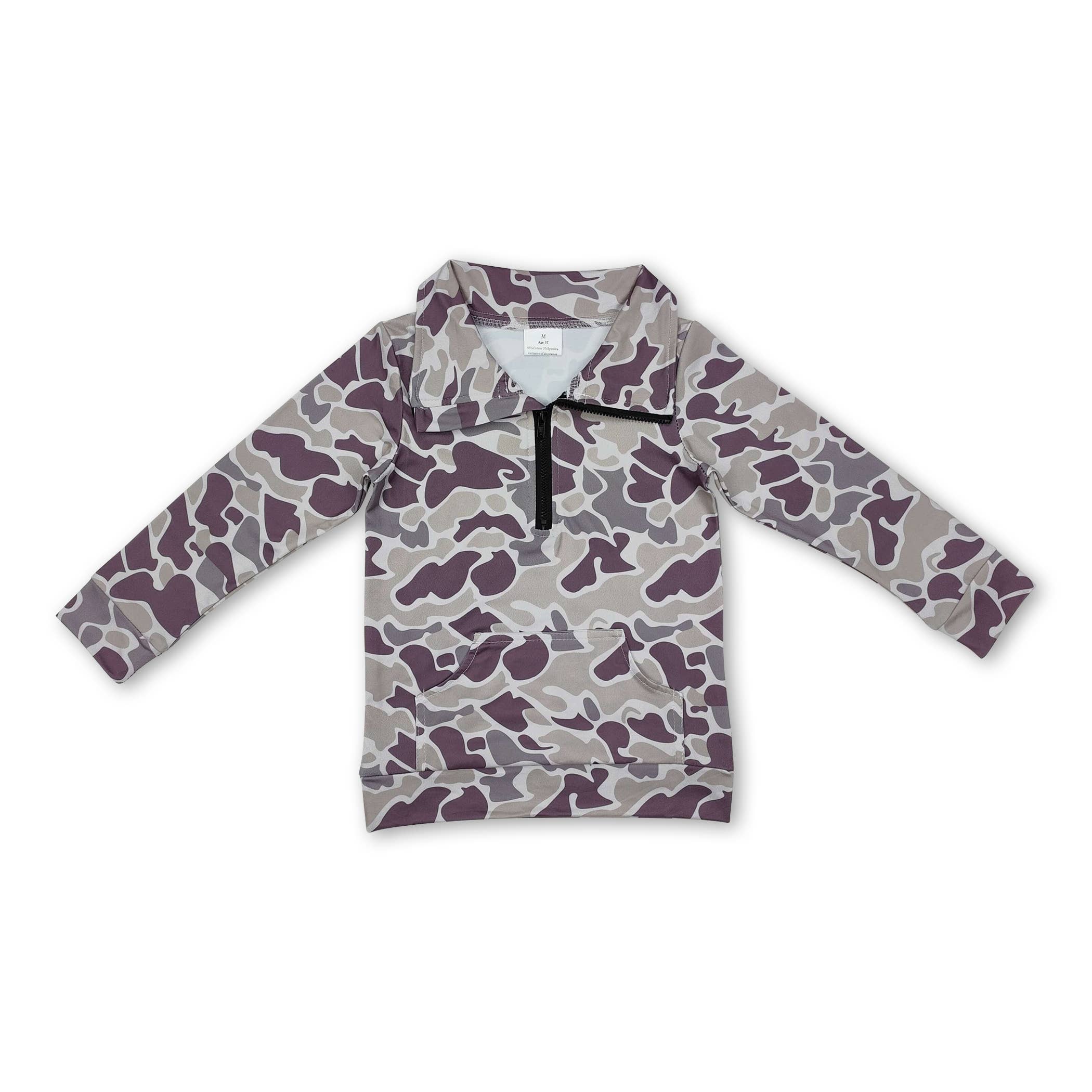 Yawoo Garments - Vente Sweat-shirt – enfant - Pull à fermeture éclair pour enfants à manches longues avec poche en camouflage gris1