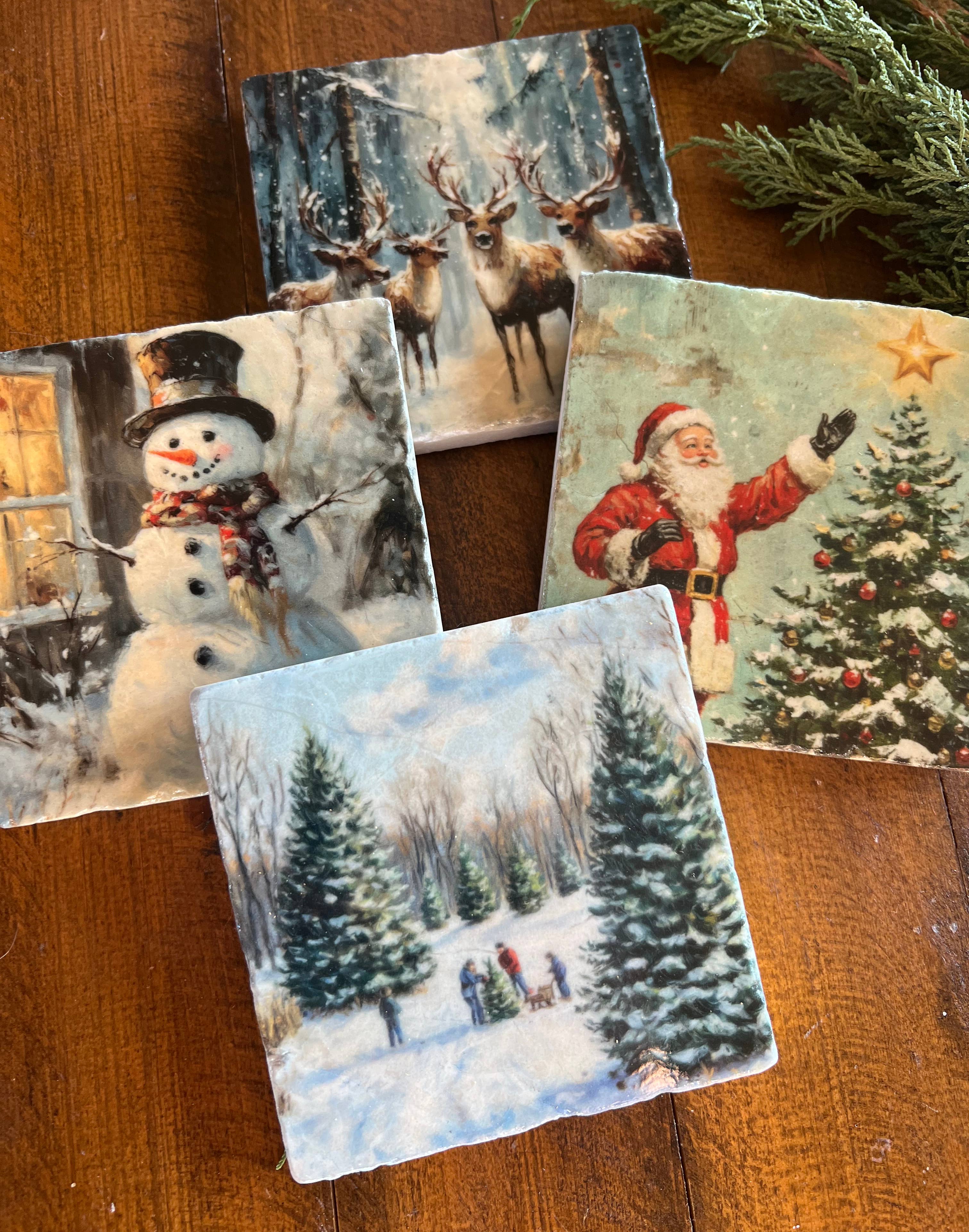 The Painted Lily - Wholesale Coasters - Vintage Christmas stone coasters - case of 4
