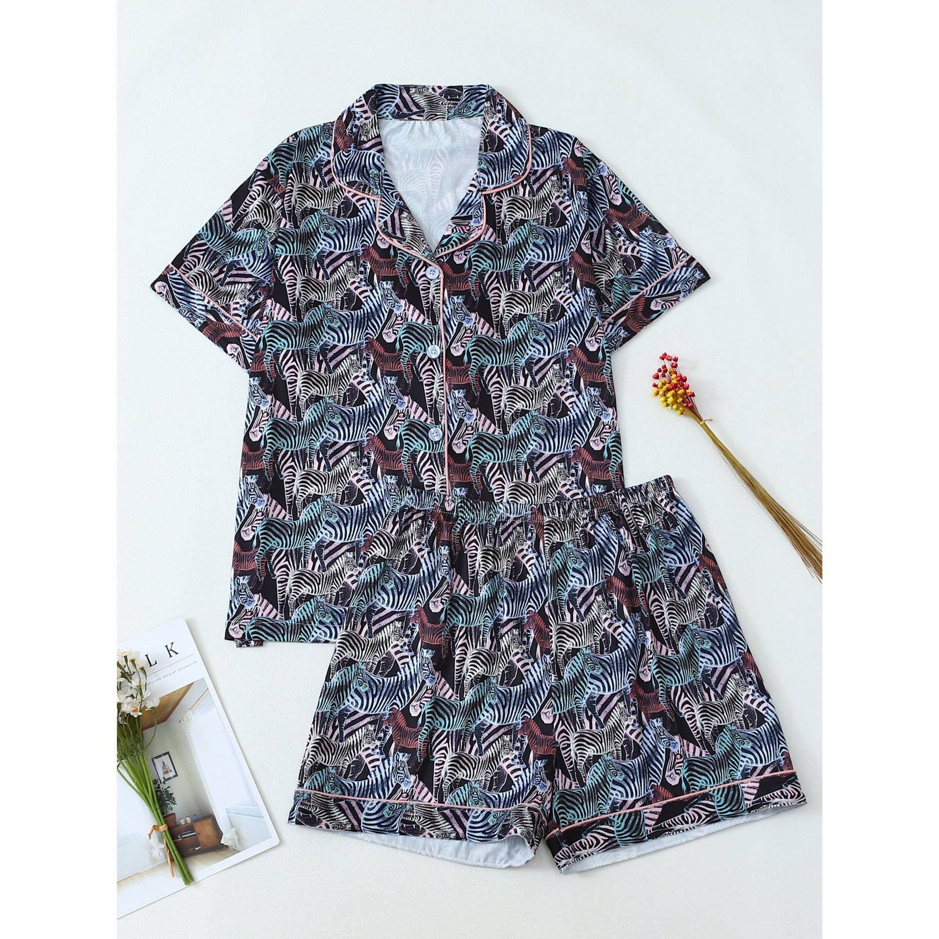 Rosa Clothing - Wholesale Lounge Set - Women's - Western Horse & Zebra Print Short Sleeve Pajama Set1