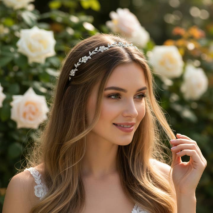 ATHENA COLLECTION - CHIC FLOWER HEADBAND - AHB220 SILVER for wholesale by Athena Bridal Jewellery