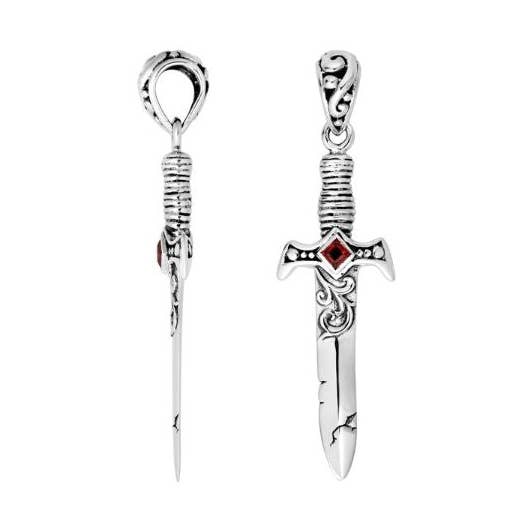 AP-9016-GA Hänge i sterlingsilver i form av ett svärd med röd granatkvarts och intrikata konstnärliga detaljer för grossistköpare av smycken för wholesale av Bali Designs