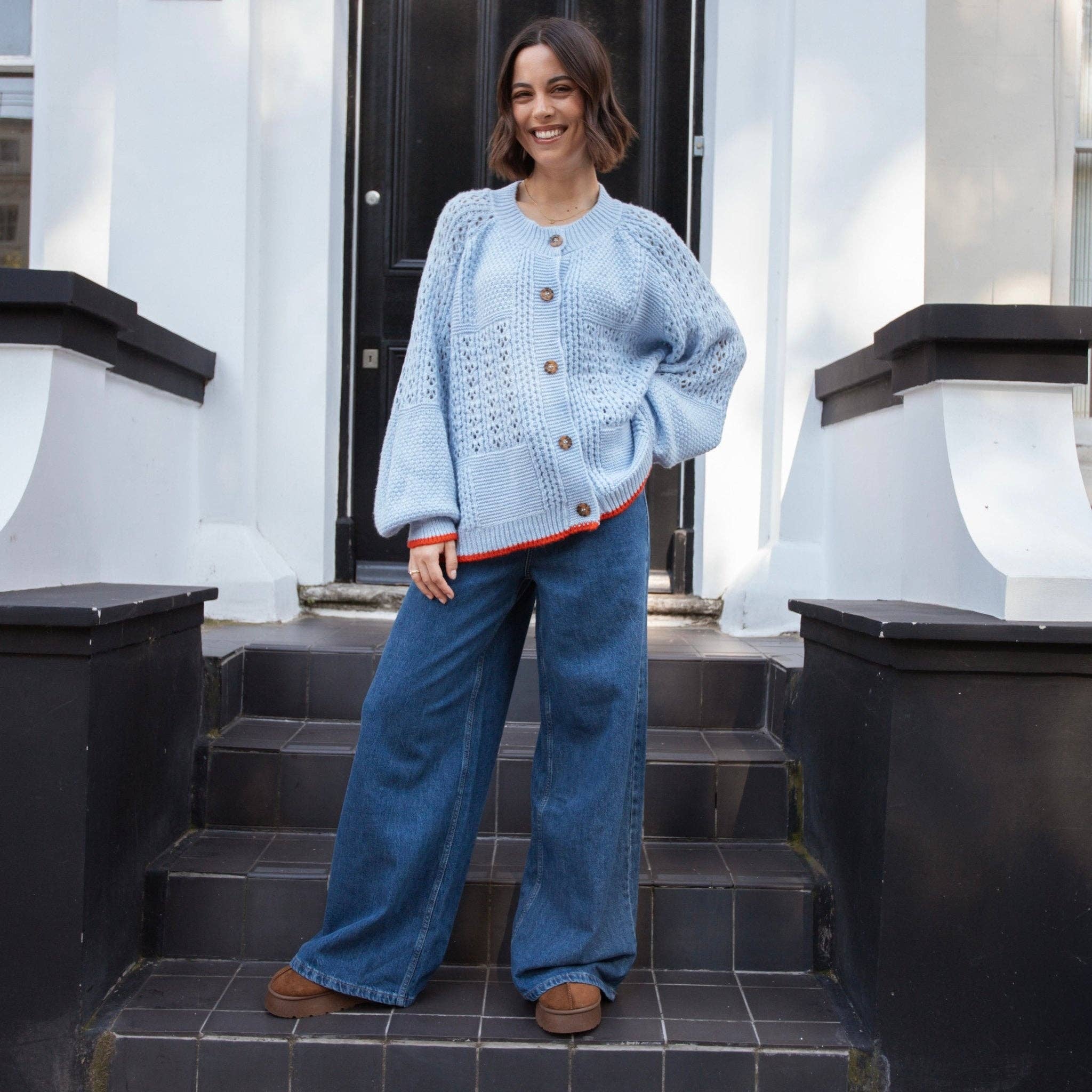 Cara & The Sky - Wholesale Cardigan - Women's - Brigit Pointelle Stitch Balloon Sleeve Cardigan - Blue19